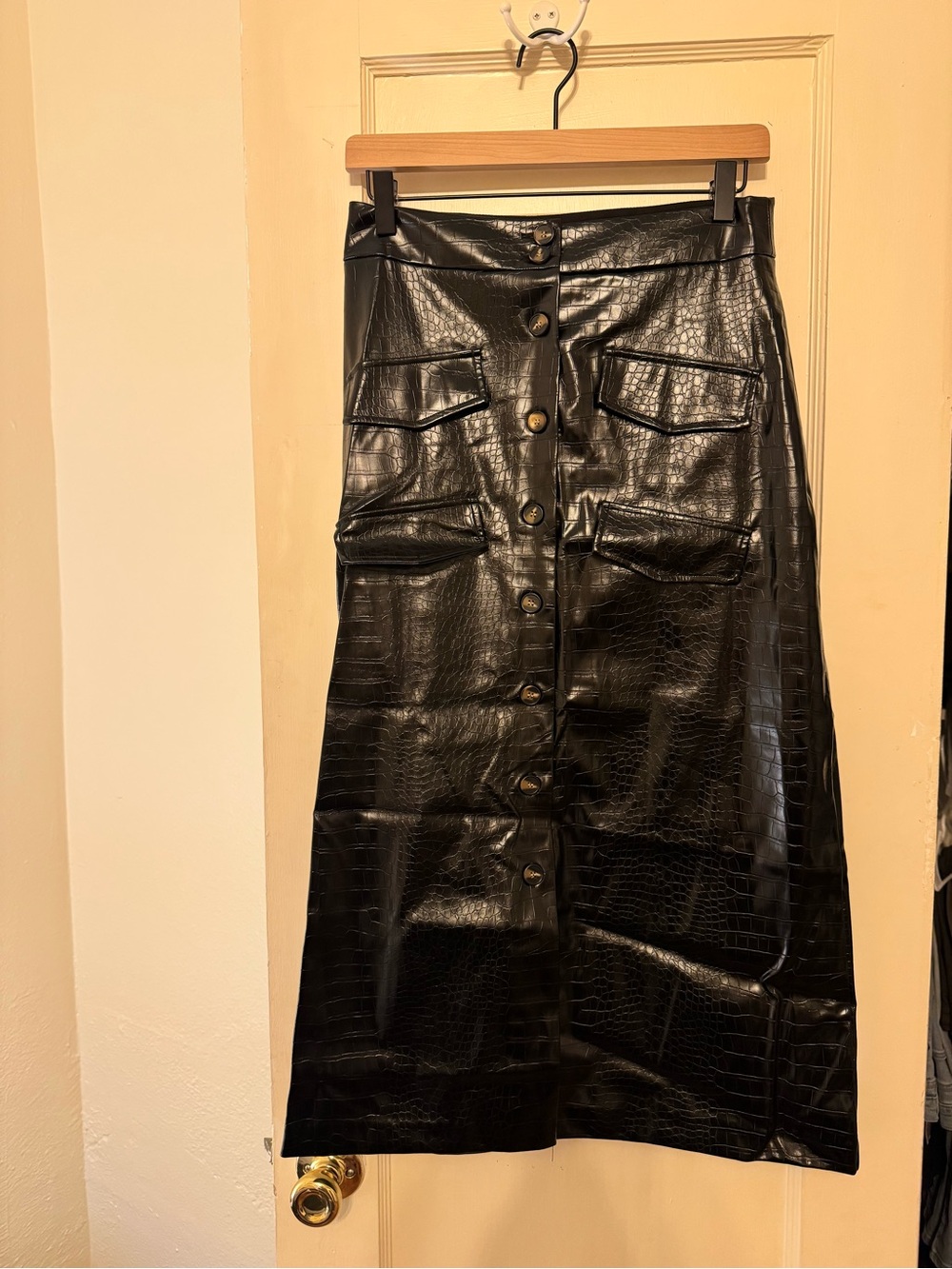 Anthro Black Faux Leather Croc-Embossed Button-Front Skirt